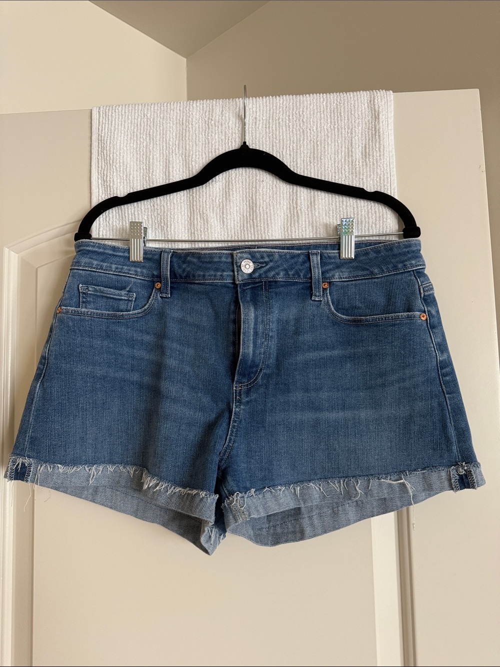 PAIGE Blue Frayed Hem Denim Shorts